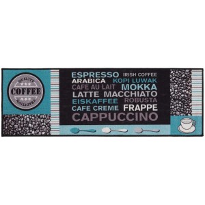 Tapis de couloir Andiamo Cafe Creme gris-turquoise, 50x150 cm, motifs café pour cuisine et couloir.