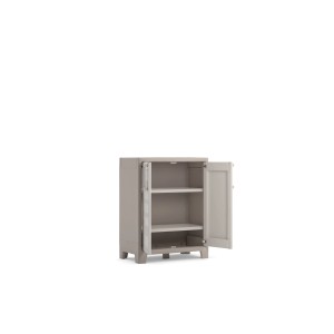 Armoire basse en plastique beige clair Gulliver, 100x80x44 cm, avec porte ouverte et deux étagères.