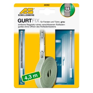 Kit de réparation de sangle de volet roulant Gurtfix Mini, gris, largeur 14mm, longueur 4,3m pour réparation rapide.