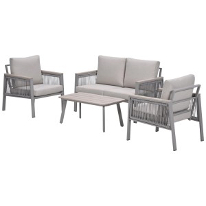 Set lounge 4 pezzi Preci di Garden Impressions: divano, poltrone e tavolo color tortora con design a corda.