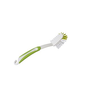 Brosse à vaisselle OBI, carrée, vert et blanc, avec manche bi-matière pour ustensiles de cuisine.