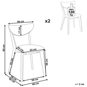 Beliani Stuhl Erie 2er Set, Gummibaumholz hell, graue Sitzfläche, Maße