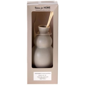 Beiger Keramik Duft-Diffusor Peppermint & Eucalyptus, geschwungene Form, mit Rattanstäbchen in Karton, 100 ml.