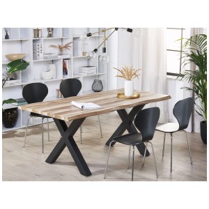 Table de salle à manger extensible Beliani Bronson avec plateau en MDF aspect bois et pieds en X noirs.