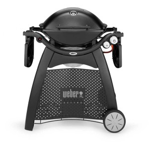Schwarzer Weber Gasgrill Q 3000 mit Rollwagen. Kompakter Grill für Garten und Balkon.