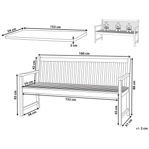 Dessin technique banc de jardin Beliani Vivara en bois d'acacia avec coussin bleu marine. Montre dimensions 160x88x61 cm et 160 kg par siège.