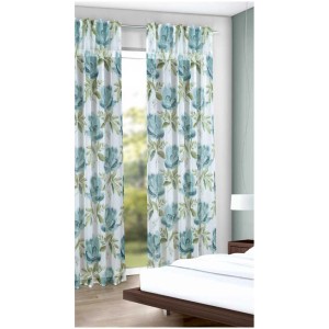 Tenda a passanti verde con fiori 245x135cm davanti alla finestra, ambiente camera da letto.