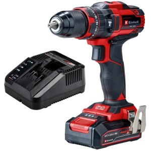 Trapano avvitatore a percussione a batteria Einhell TE-CD 18/44 Li-i con batteria e caricabatterie.