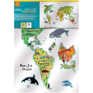 Adesivo murale mappamondo XL con animali, 18 pezzi, per decorare le pareti.