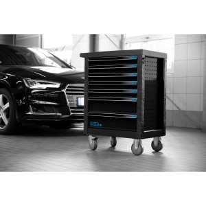 Chariot d'atelier noir Güde GW7 Black Line avec jeu d'outils de 226 pièces et roulettes.
