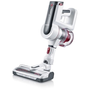 Aspirateur balai sans fil Severin HV7166, blanc-rouge, 400W. Aspirateur avec brosse électrique et lumière LED.