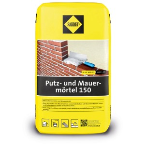 Sac jaune de Sakret Putz- und Mauermörtel 150. Mortier sec pour maçonnerie et enduit.