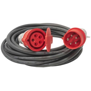 Prolunga industriale nera Steffen, 5 m, con spina e presa CEE rosse per uso esterno.
