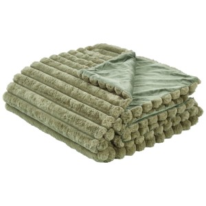 Copriletto verde Beliani Rakya in pelliccia sintetica, 200x220 cm, con motivo a righe e superficie morbida.