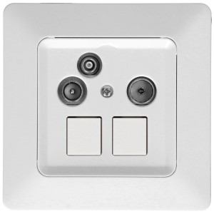 Presa multimediale da incasso bianca con connessioni per radio, TV e rete.