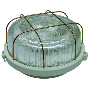 Worklight ISO: Lampada da cantina rotonda con vetro strutturato trasparente e gabbia di protezione.