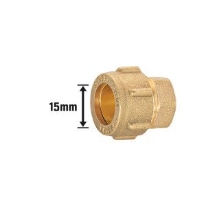 Dettaglio di un tappo a compressione in ottone Ø 15 mm per tubi in rame.
