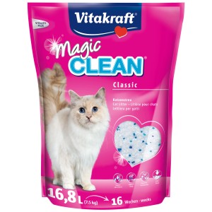 Litière pour chat Vitakraft Magic Clean, paquet de 7,5 kg de litière non agglomérante avec chat sur l'emballage.