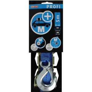 Sangle d'arrimage bleue, 25 mm de large, 5 m de long, avec cliquet et mousquetons.