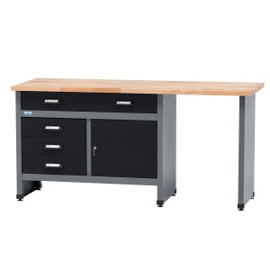 Banco da lavoro Küpper con anta e cassetti, nero-grigio chiaro, certificato FSC®. Ideale per l'officina.
