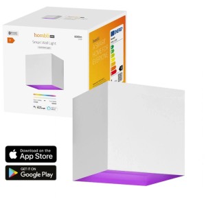 Lampada da parete Smart Hombli in alluminio bianco, con funzione RGB+CCT e confezione.