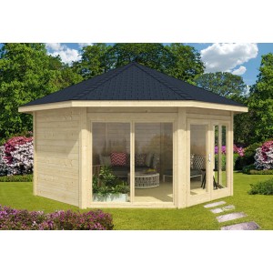 Alpholz casetta da giardino Rügen con tetto a punta, naturale, 519x519 cm. Casetta da giardino in legno con finestre panoramiche.