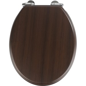 Wenko Sedile WC Wengé MDF FSC® in marrone scuro, forma ovale con cerniere cromate.