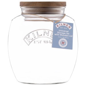 Barattolo in vetro universale Kilner, trasparente, 2 l, con coperchio in legno per la conservazione degli alimenti.