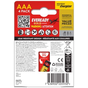 Energizer Eveready Gold AAA batterie, confezione da 4, ideali per giocattoli e telecomandi.