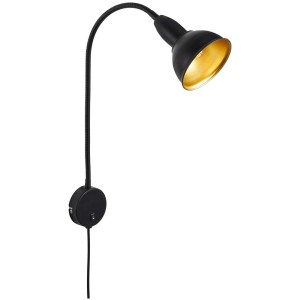 Lampe à brancher Briloner Hygge noire et dorée avec abat-jour doré et bras flexible.