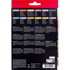 Dos du set de peintures acryliques Amsterdam Pastel 12x20ml. Montre 12 échantillons de couleurs pastel et infos.
