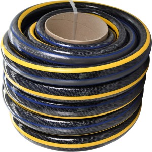 Tuyau d'arrosage LUX-TOOLS PRO enroulé, 32 mm, vendu au mètre, en noir, jaune et bleu.
