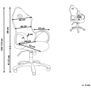 Schizzo sedia da ufficio Beliani iChair grigia con dimensioni e carico massimo 150kg. Categoria: Forniture per ufficio.