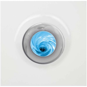 Tappo lavandino Pluggy Water con design a vortice d'acqua blu per lavabi standard.