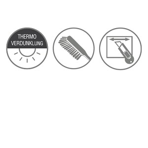 Symboles pour l'occultation, le nettoyage et la découpe du store enrouleur thermique Gardinia EasyFix.