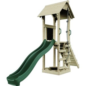 Torre gioco PolarPlay Lillehammer con scivolo verde, corda da arrampicata e scala in legno.