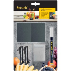 Kreidetafel-Set A8 Schwarz mit Kreidemarker, Haltern und Einsteckern (20 Stück).