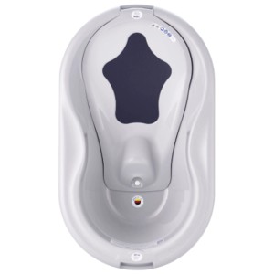 Baignoire bébé Rotho Top grise avec tapis antidérapant et bouchon de vidange.