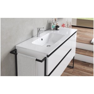 Vasque simple en marbre minéral blanc à gauche, 120 cm de large, avec porte-serviettes. Meuble vasque moderne pour salle de bain.