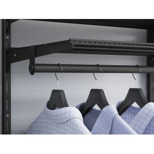 Guida a parete in metallo nero, 200 cm, a fila singola, parte di un sistema di scaffalatura.