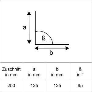 Schizzo di lamiera angolare in alluminio naturale, taglio 250x2000mm, dimensioni a, b e angolo β.