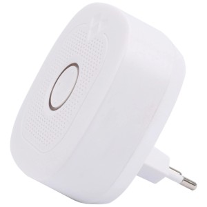 Weißes Olympia Smart Home Gateway ProMini 20 mit Stecker, ovalem Knopf und Lautsprechergitter für Hausautomation.