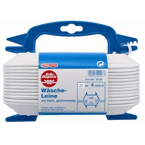 Stendibiancheria bianco, lunghezza 20 m, diametro 4 mm, con supporto blu per stendino.