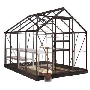Serre Halls Popular 86, noire, 5 m² avec étagères et bêche. Idéale pour la culture de plantes.