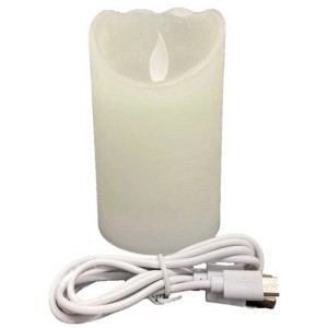 Aufladbare, weiße LED-Wachskerze (Ø 7,5 cm, Höhe 15 cm) mit USB-Kabel.
