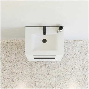 Ensemble de meubles de salle de bain Dansani NOW, blanc mat rainuré, avec lavabo et meuble bas. Vue de dessus.
