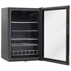 Réfrigérateur boissons Kibernetik GK130L01 noir avec porte vitrée ouverte, 4 étagères grillagées. Autonome.