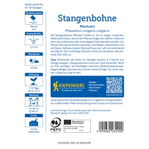 Sachet de graines de haricots grimpants Kiepenkerl Markant avec des informations sur le semis, l'emplacement et la période de récolte.