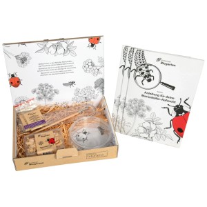 Kit allevamento coccinelle Andermatt Biogarten con uova, cibo e accessori in scatola aperta con istruzioni.