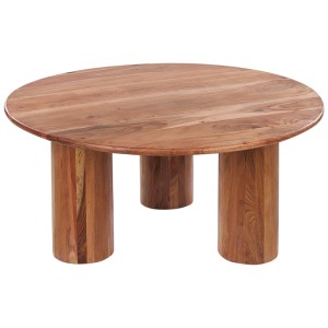 Tavolino da caffè rotondo Colina in legno di acacia marrone con tre gambe cilindriche.